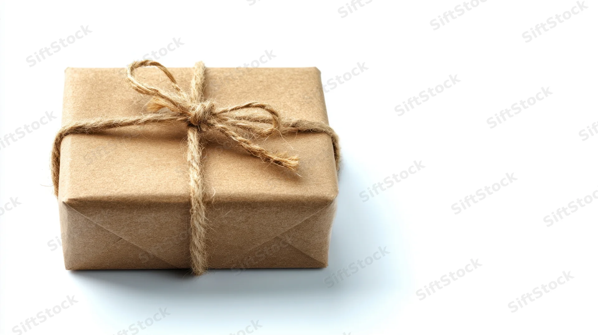 Small gift box wrapped in brown paper with twine bow on white background