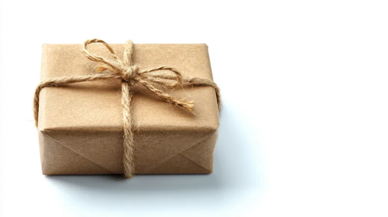 Small gift box wrapped in brown paper with twine bow on white background