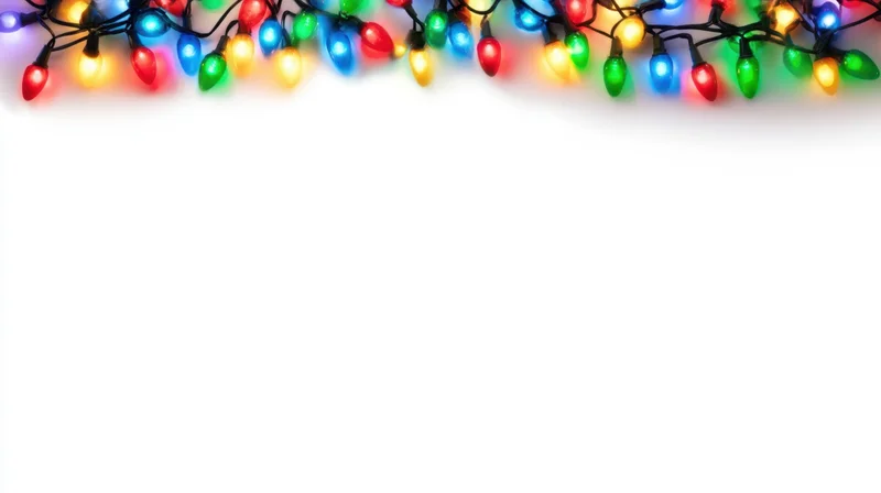 String of colorful christmas lights arranged along the top edge of a white background
