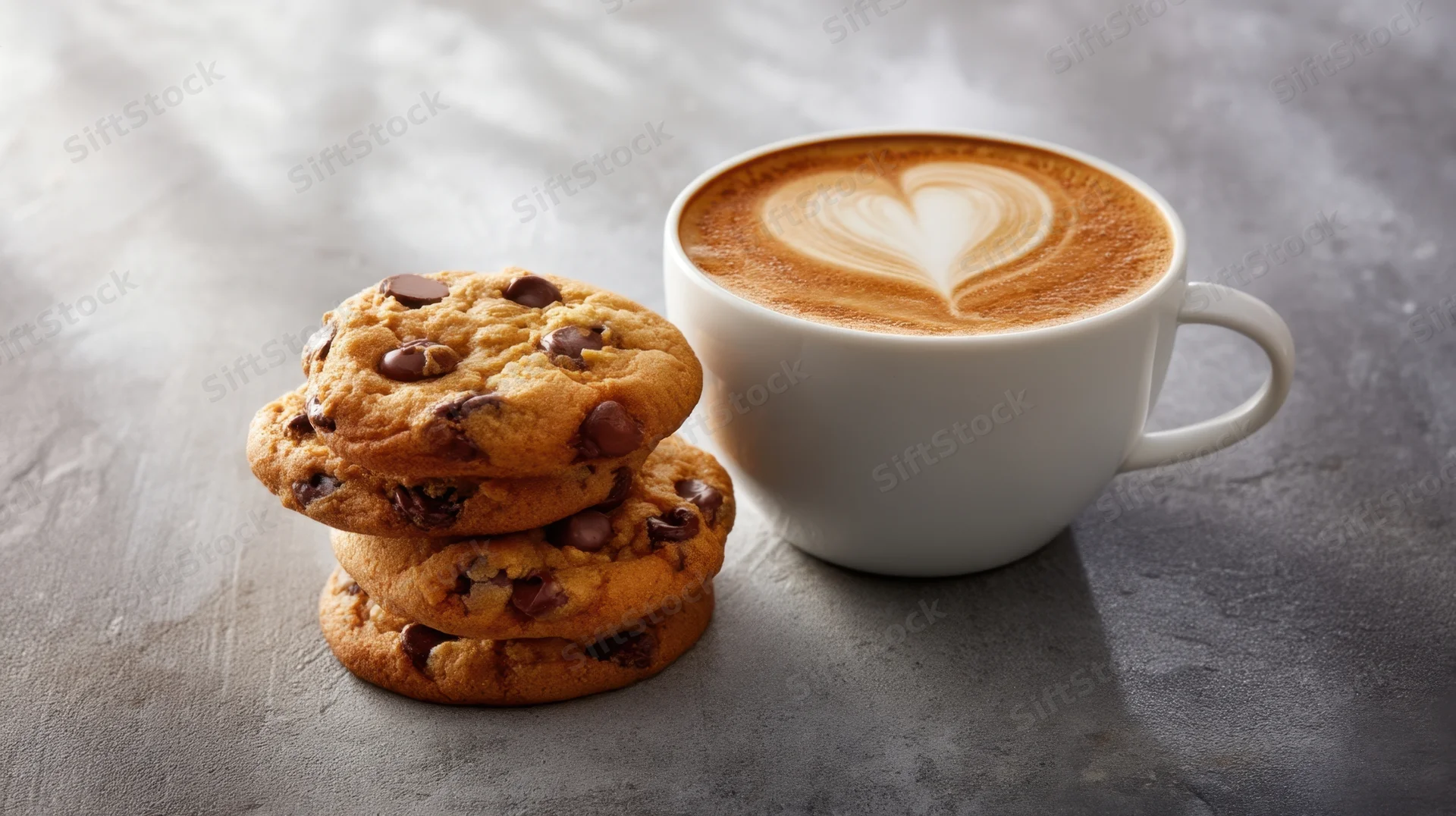 Stack of chocolate chip cookies next to a latte with heart-shaped foam on a gray stone surface