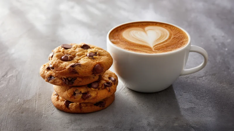 Stack of chocolate chip cookies next to a latte with heart-shaped foam on a gray stone surface