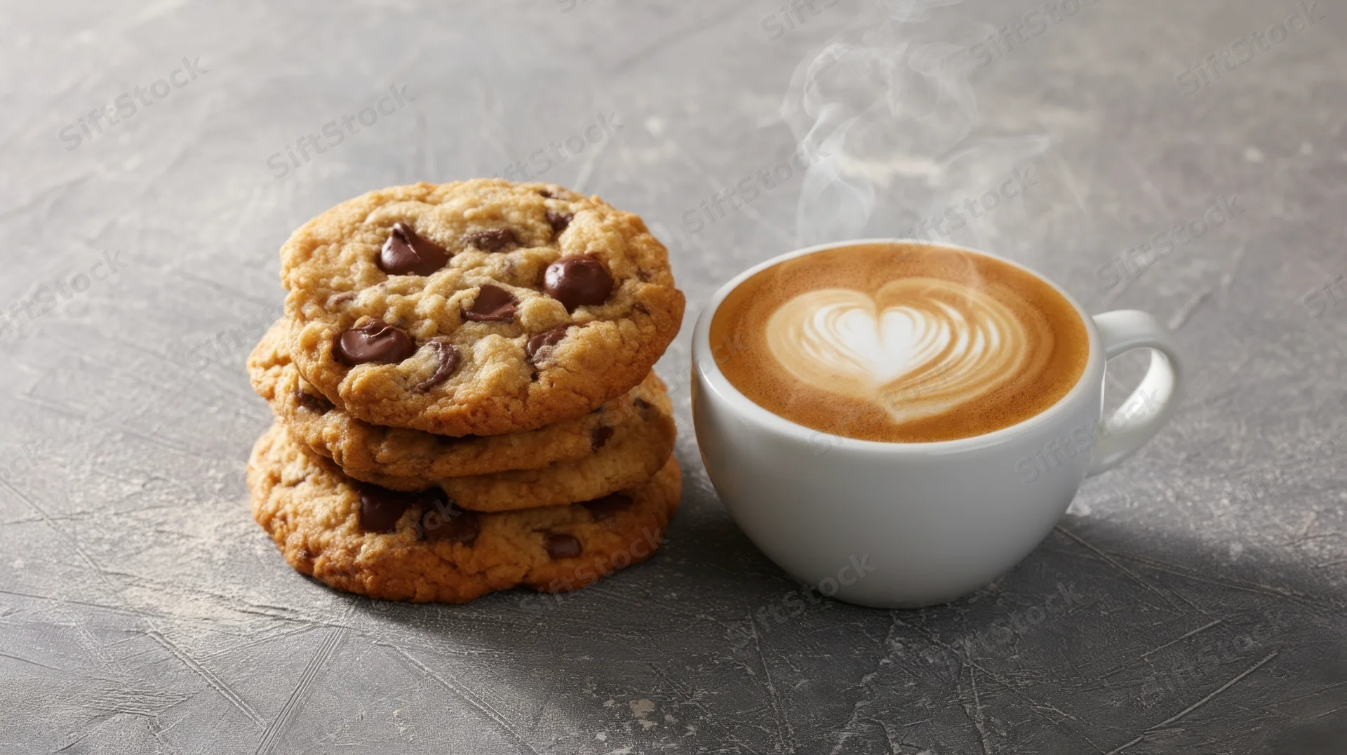 Steaming latte with heart-shaped foam next to a stack of chocolate chip cookies on a gray textured surface