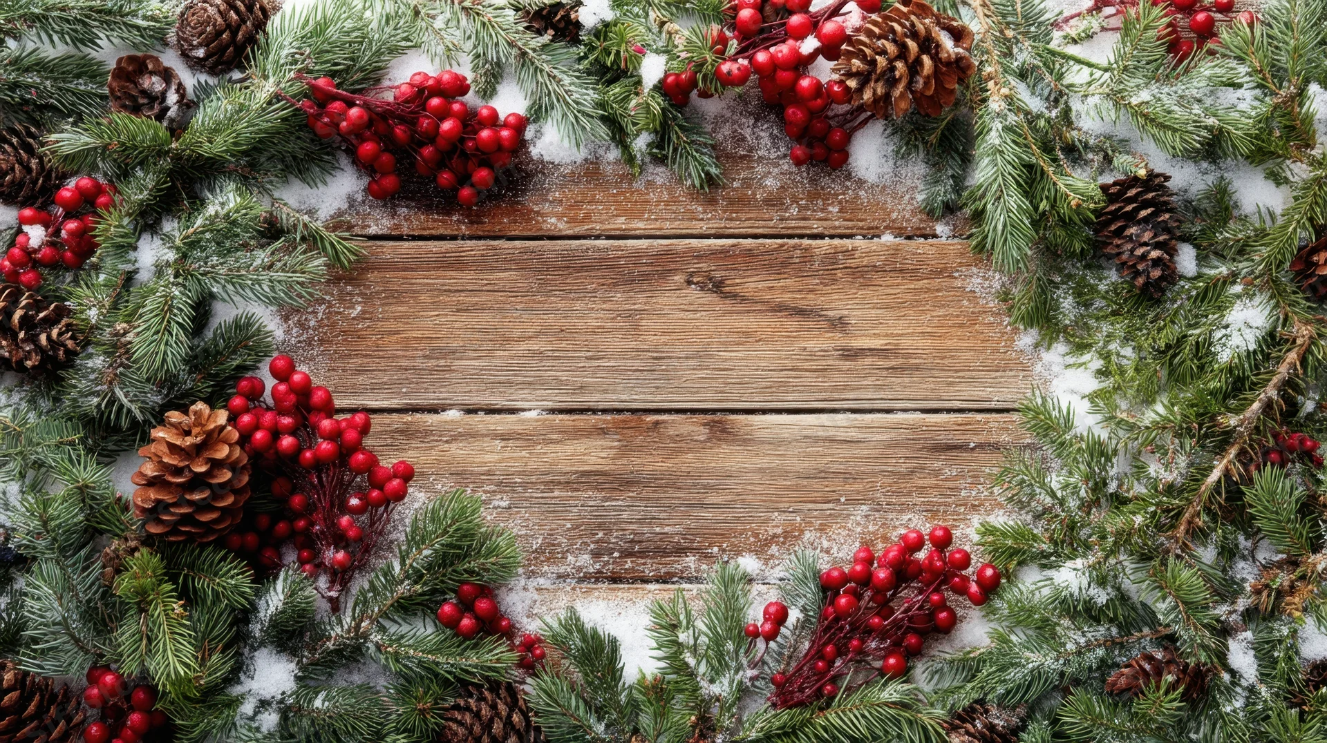 Evergreen branches with red berries and pinecones arranged in a snowy frame around a wooden surface