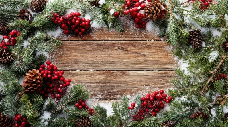 Wreath of Evergreen Pines, Pinecones and Red Berries on Rustic Wooden Background