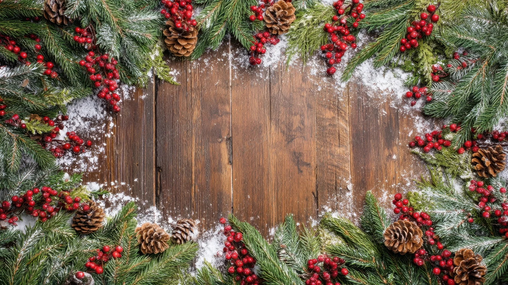 Evergreen branches with pinecones and red berries arranged in a snowy frame on a wooden surface