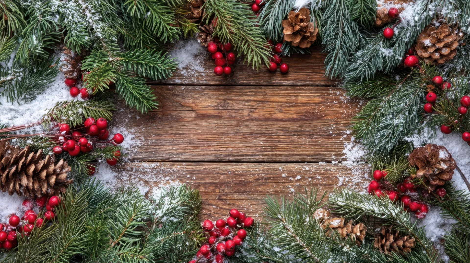 Evergreen branches with red berries and pinecones arranged in a snowy frame on a wooden surface