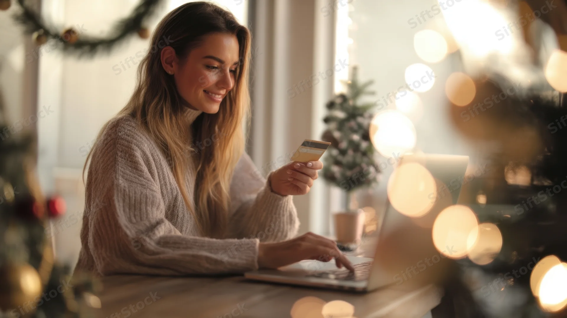 Woman smiling while typing on laptop and holding credit card at home during christmas
