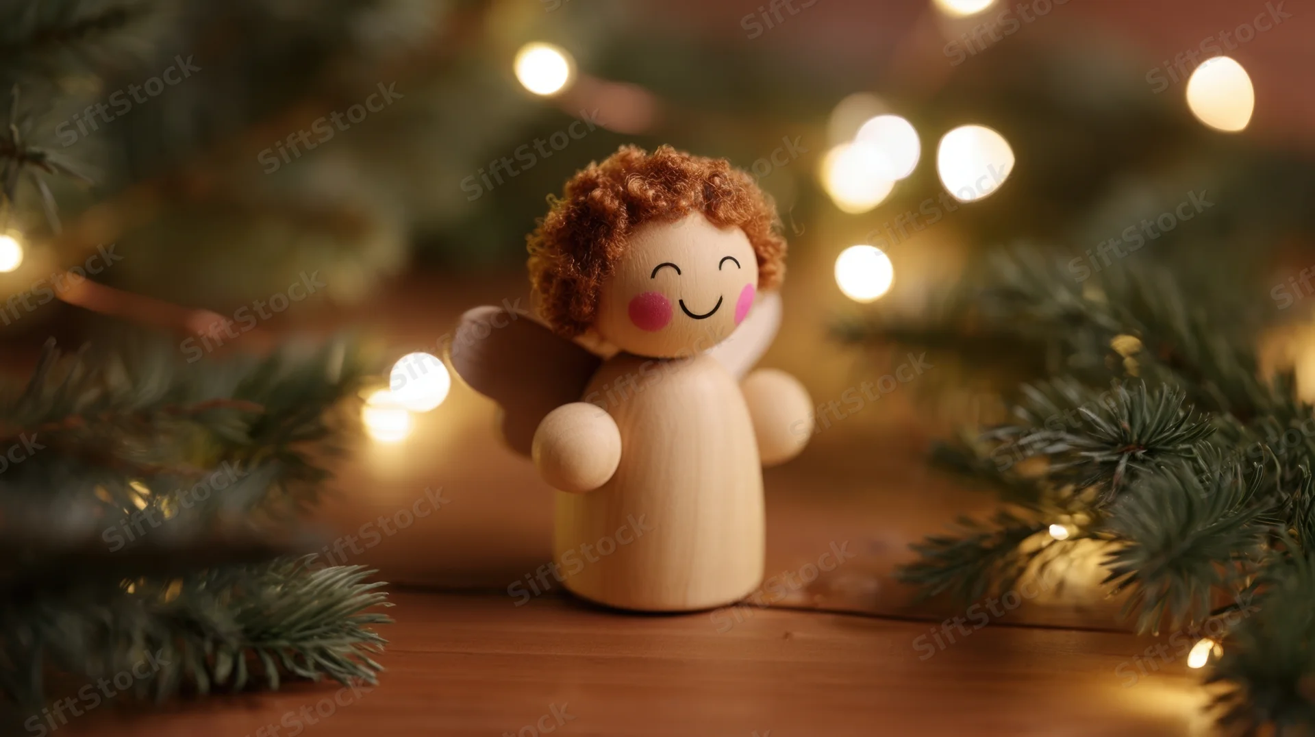 Wooden angel figurine with curly hair and pink cheeks among pine branches and warm lights on a wooden surface