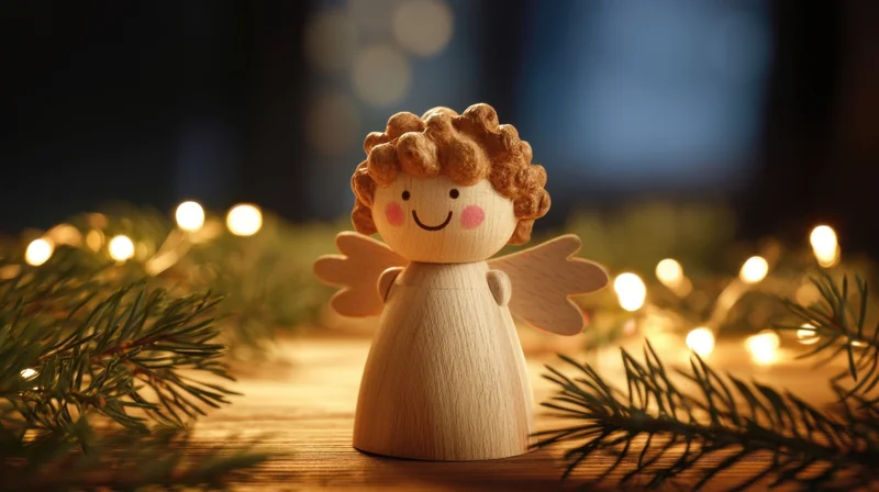 Wooden angel figurine with curly hair and wings on a table surrounded by pine branches and warm string lights