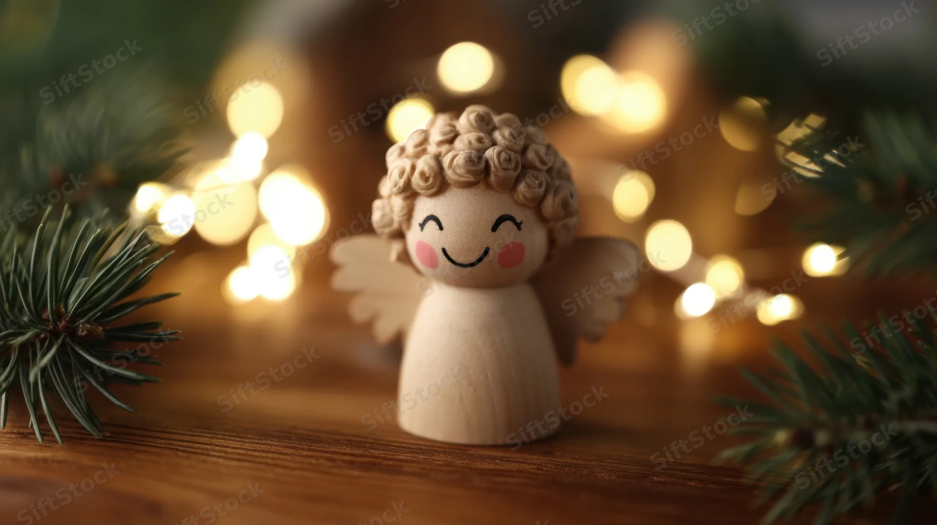 Wooden angel figurine with curly hair and wings on a tabletop surrounded by pine branches and warm bokeh lights
