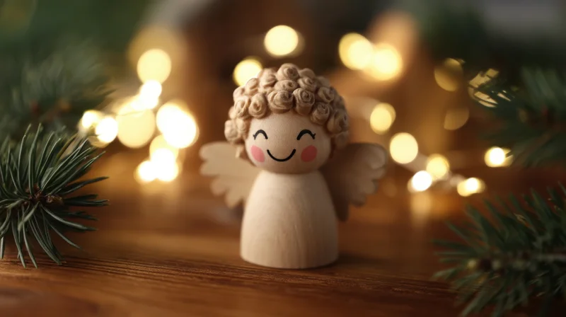 Wooden angel figurine with curly hair and wings on a tabletop surrounded by pine branches and warm bokeh lights