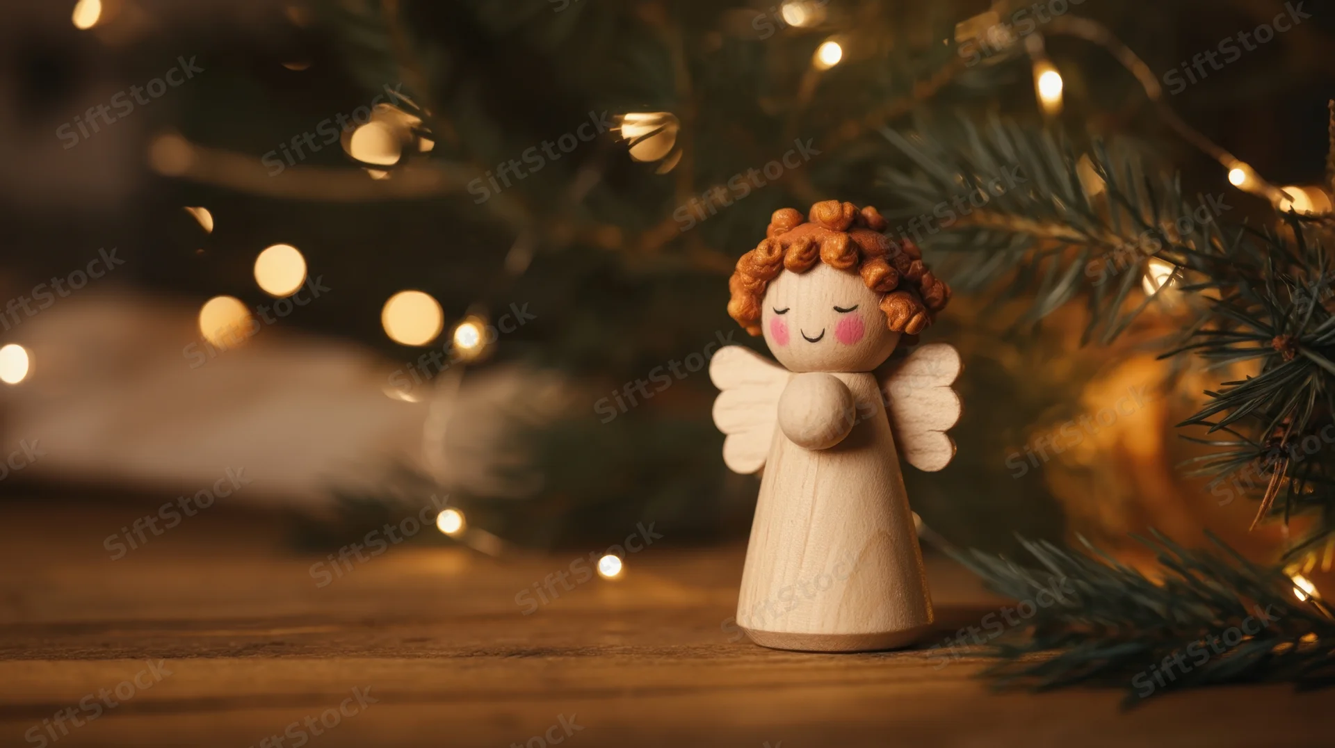 Wooden angel figurine with curly hair and closed eyes placed on a wooden surface near a decorated christmas tree with warm lights and pine branches