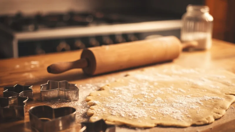 Rolled dough dusted with flour on a wooden countertop with cookie cutters and a rolling pin nearby in a home kitchen