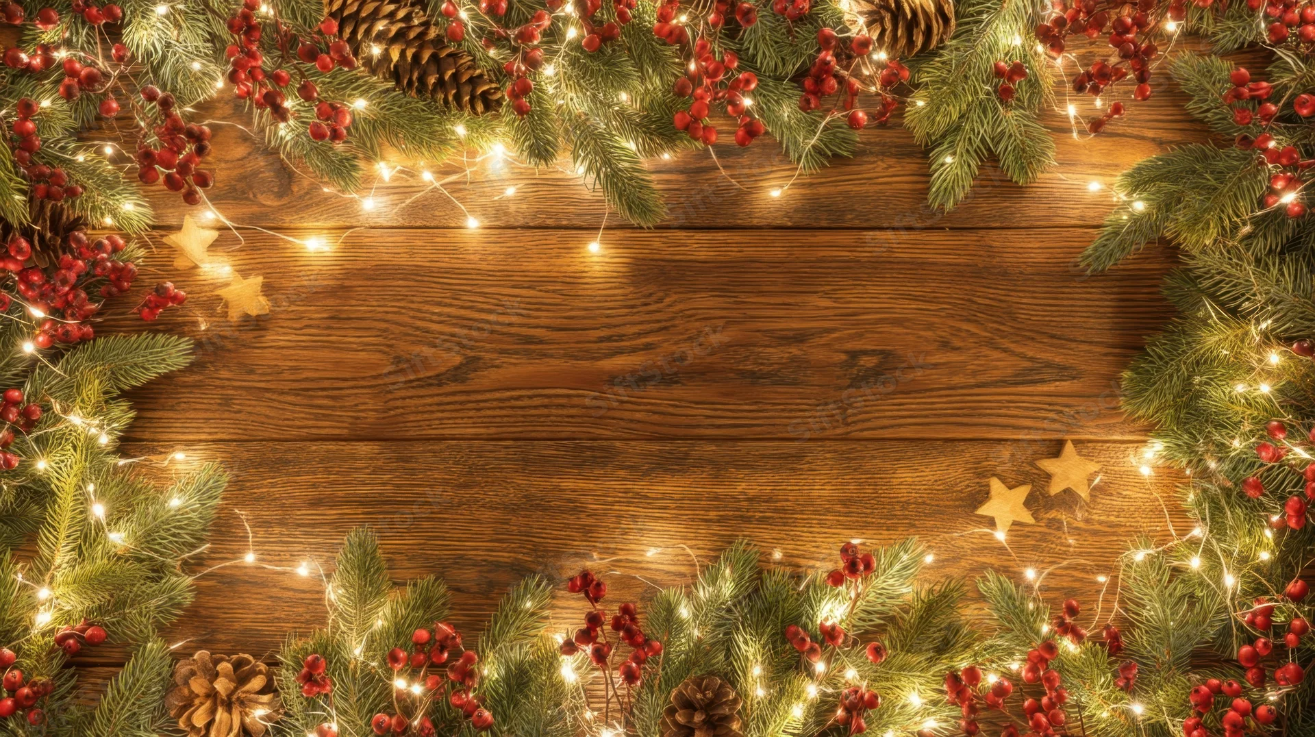 Christmas garland with pine, berries, lights and pinecones arranged in frame on wooden surface