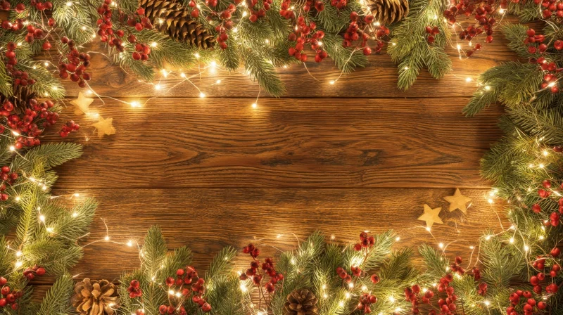 Christmas garland with pine, berries, lights and pinecones arranged in frame on wooden surface