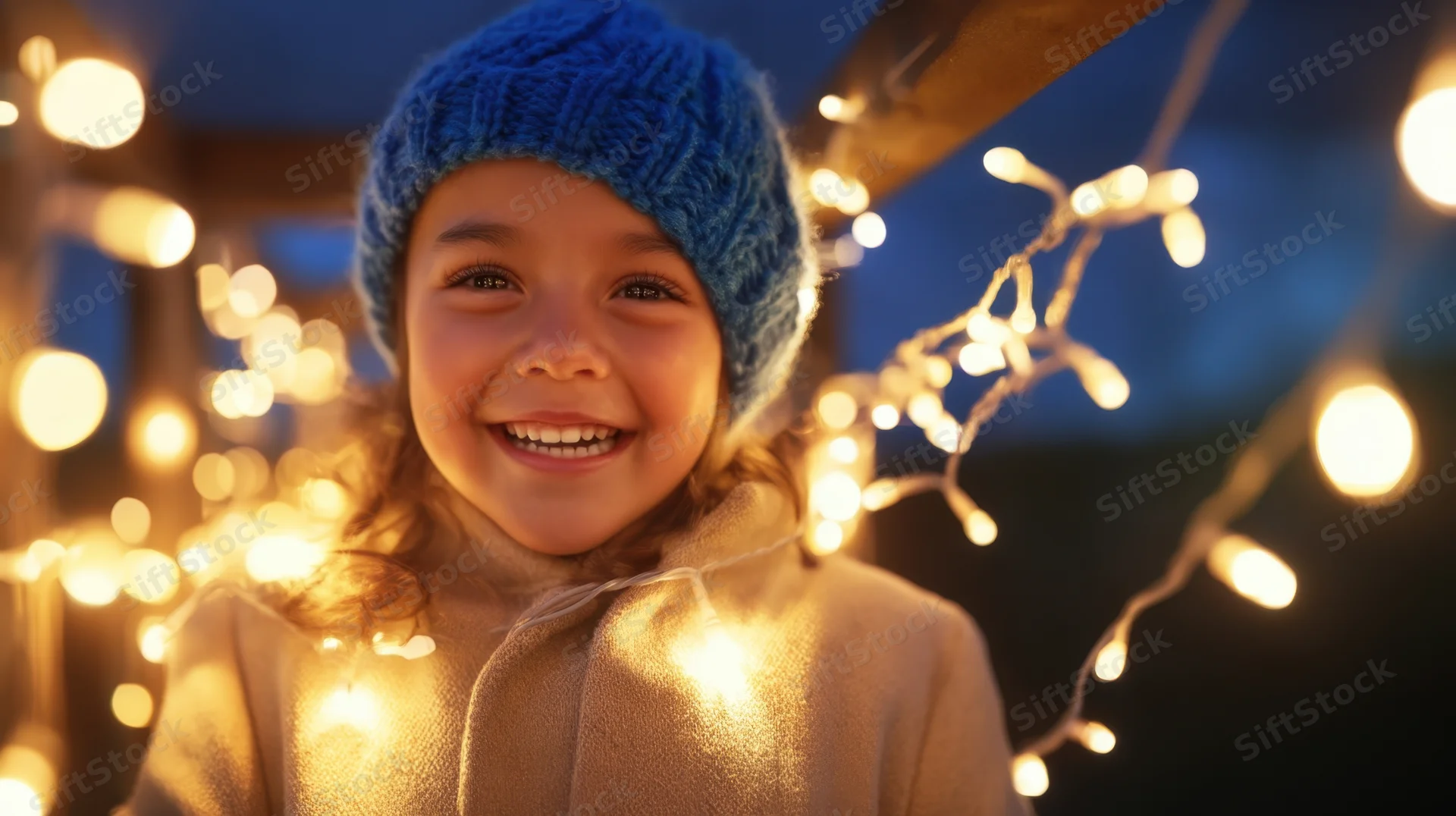 Young girl smiling in a knitted blue hat surrounded by glowing string lights outdoors at evening