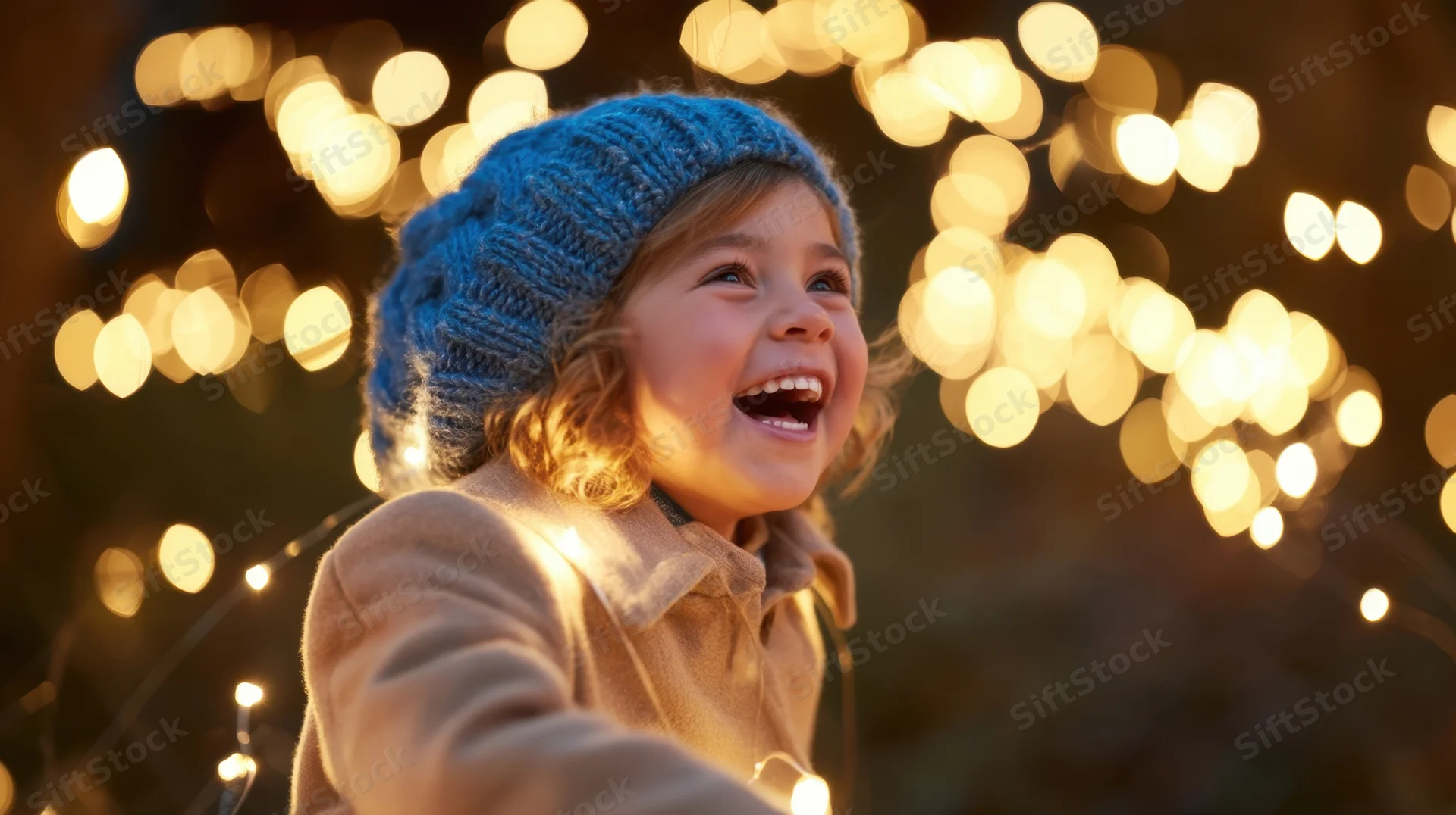 Young girl laughing joyfully outdoors at night surrounded by warm glowing holiday lights