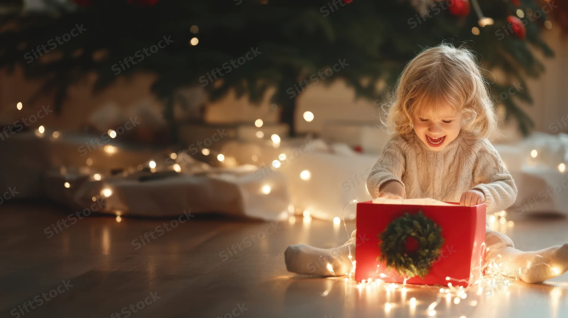 Young girl smiling while opening a red gift box under a christmas tree surrounded by fairy lights