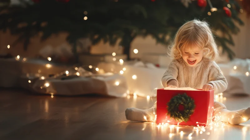 Young girl smiling while opening a red gift box under a christmas tree surrounded by fairy lights