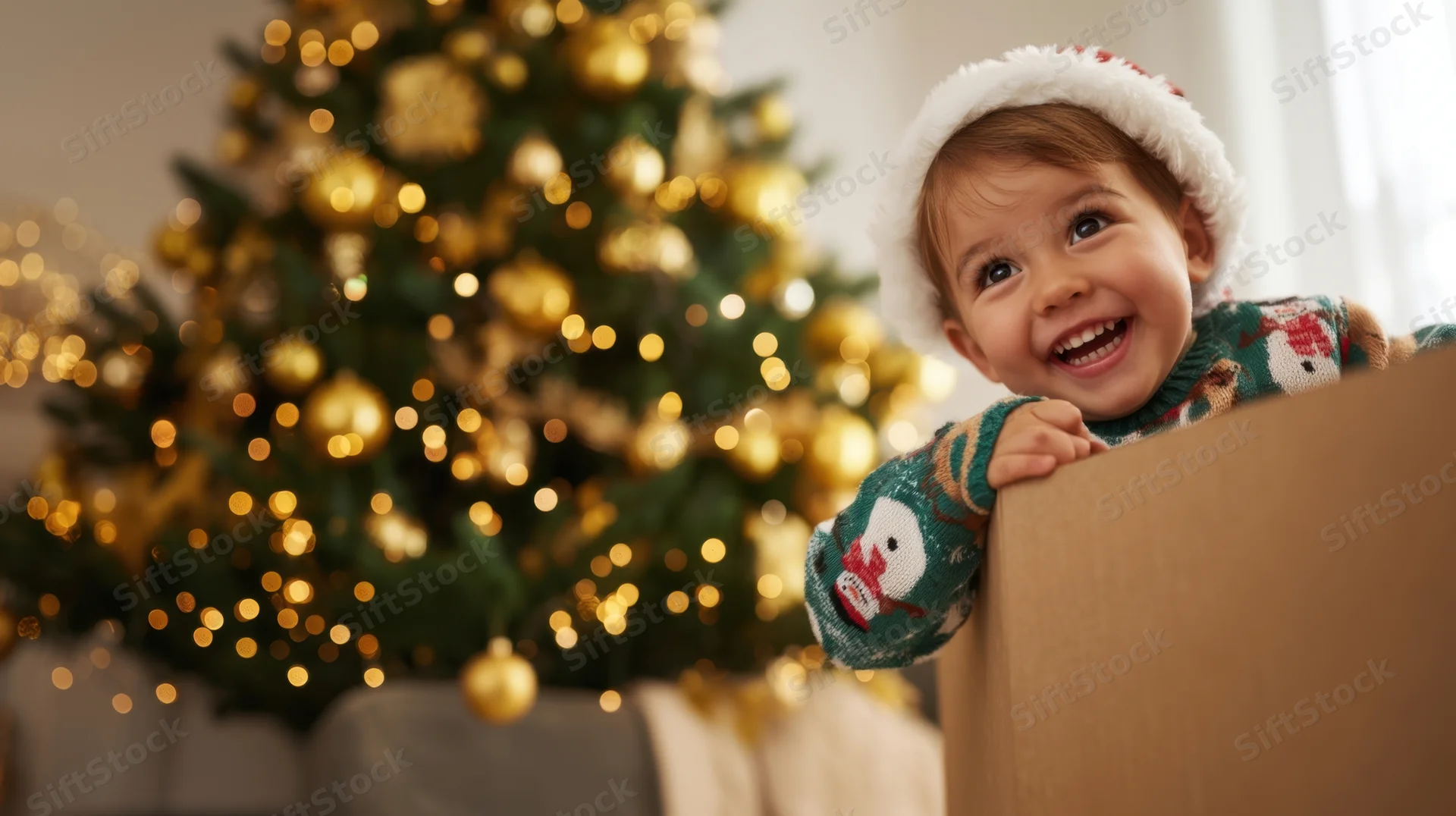 Smiling toddler in santa hat peeking from gift box near christmas tree