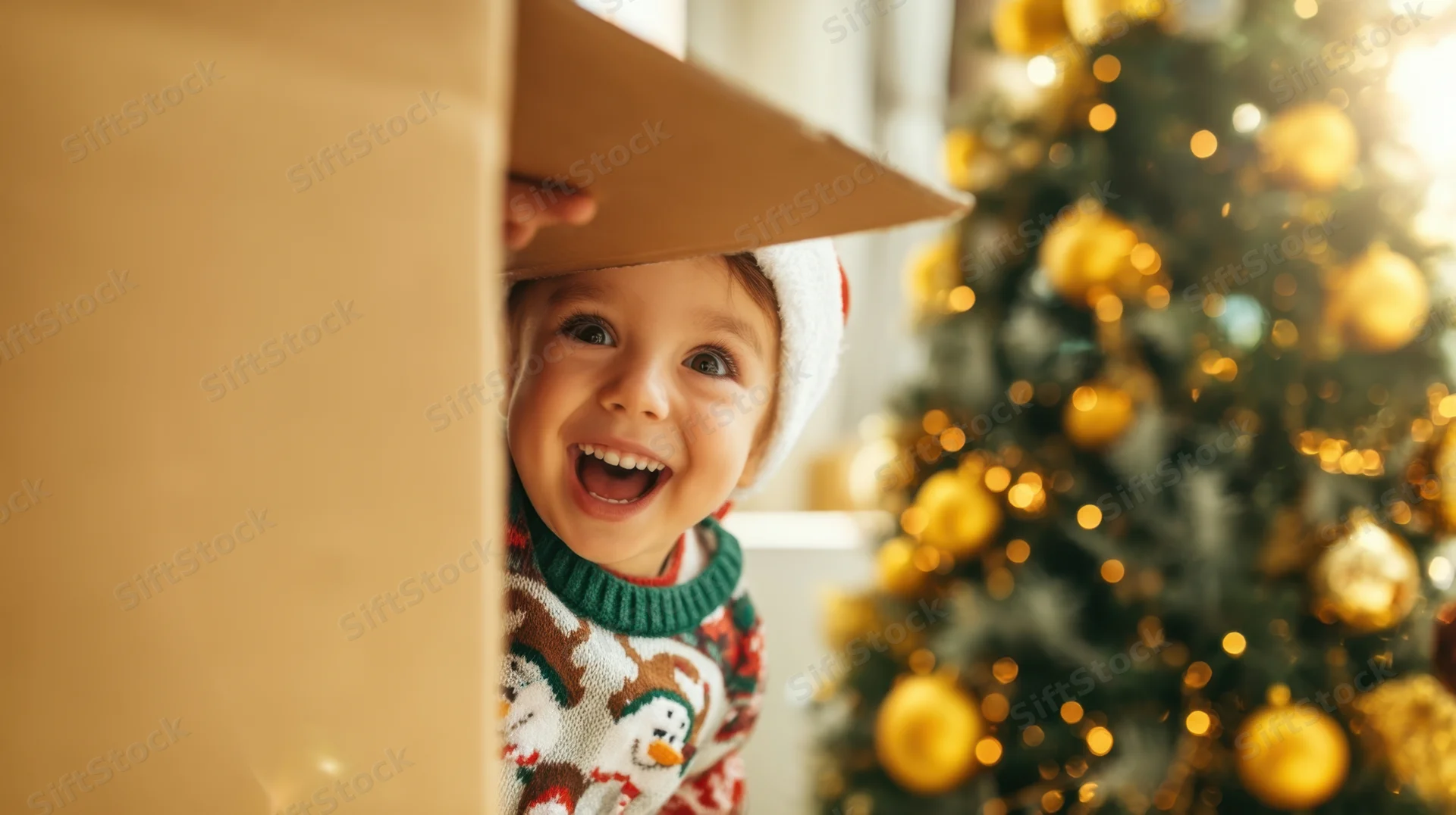 Young child smiling from behind a gift box near a decorated christmas tree