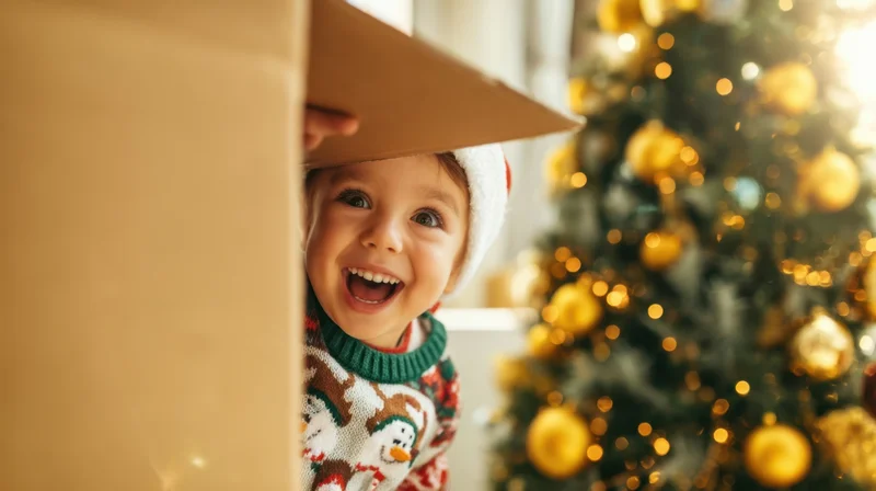 Young child smiling from behind a gift box near a decorated christmas tree