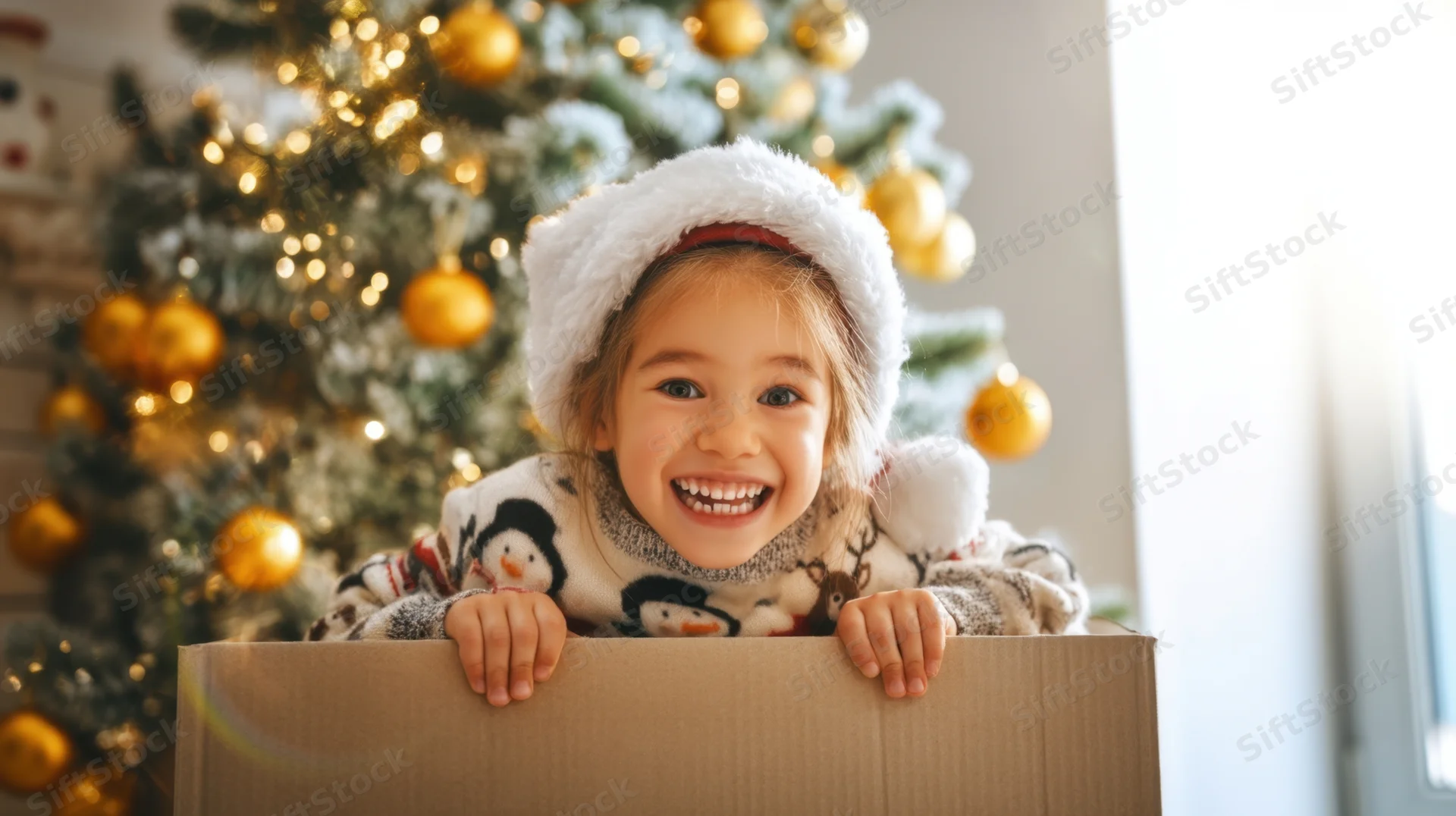 Young child smiling from inside a cardboard box in front of a decorated christmas tree