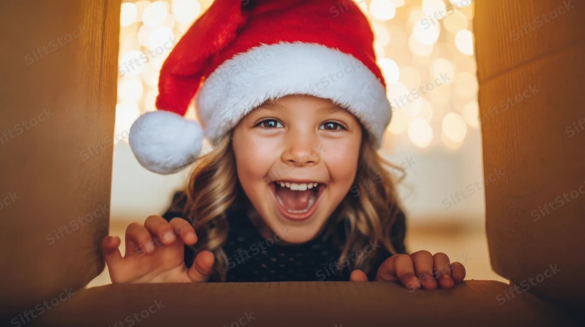 Young girl in santa hat smiling from inside a cardboard box with festive lights behind her