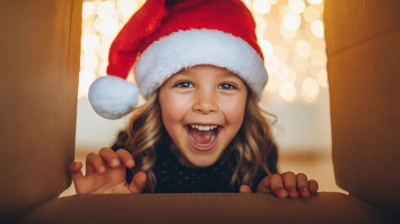 Young girl in santa hat smiling from inside a cardboard box with festive lights behind her