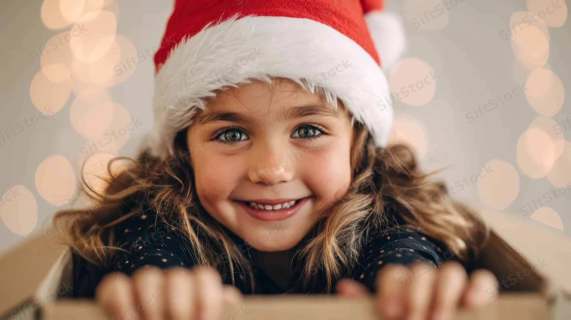 Young girl smiling from inside a gift box wearing a santa hat