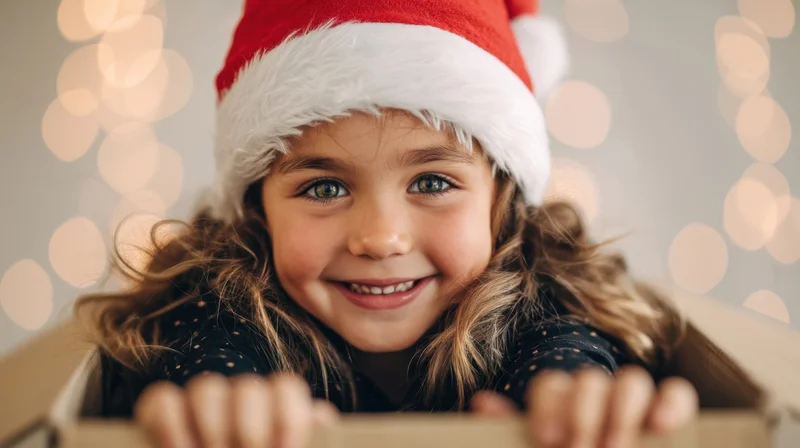 Young girl smiling from inside a gift box wearing a santa hat