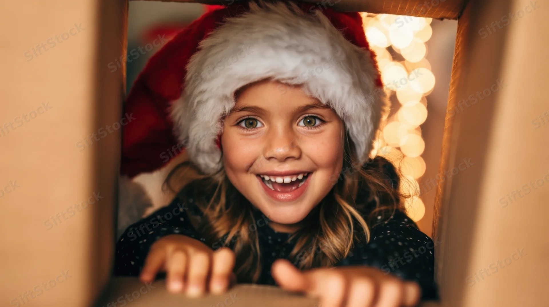 Young girl smiling from inside a cardboard box wearing a santa hat with festive lights behind her