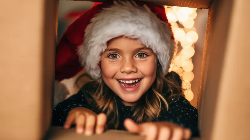 Young girl smiling from inside a cardboard box wearing a santa hat with festive lights behind her