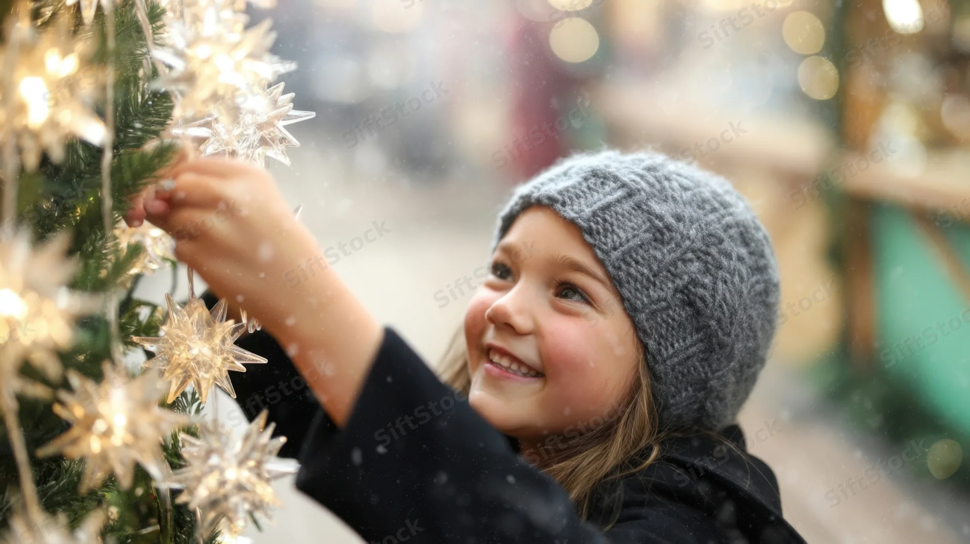 Young girl smiling while decorating a christmas tree outdoors in snow