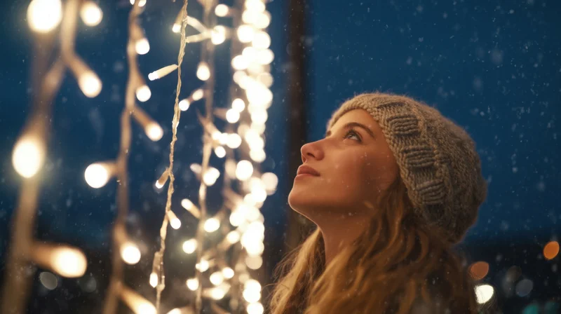 Young woman wearing knit hat looking up at glowing string lights in snowy night city setting