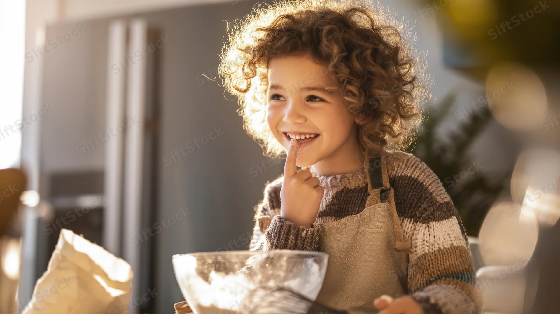Young girl smiling with finger on lips while baking in a kitchen