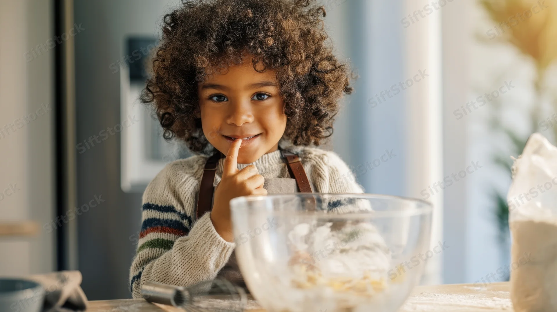 Young girl smiling with finger on lips while baking in kitchen