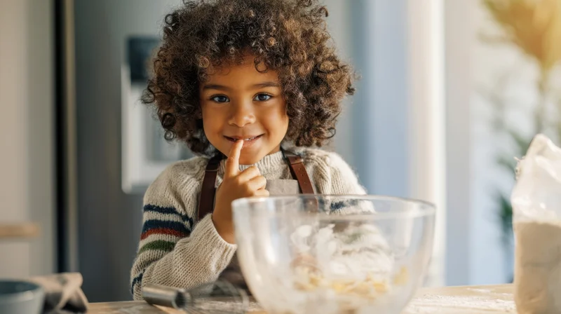 Young girl smiling with finger on lips while baking in kitchen
