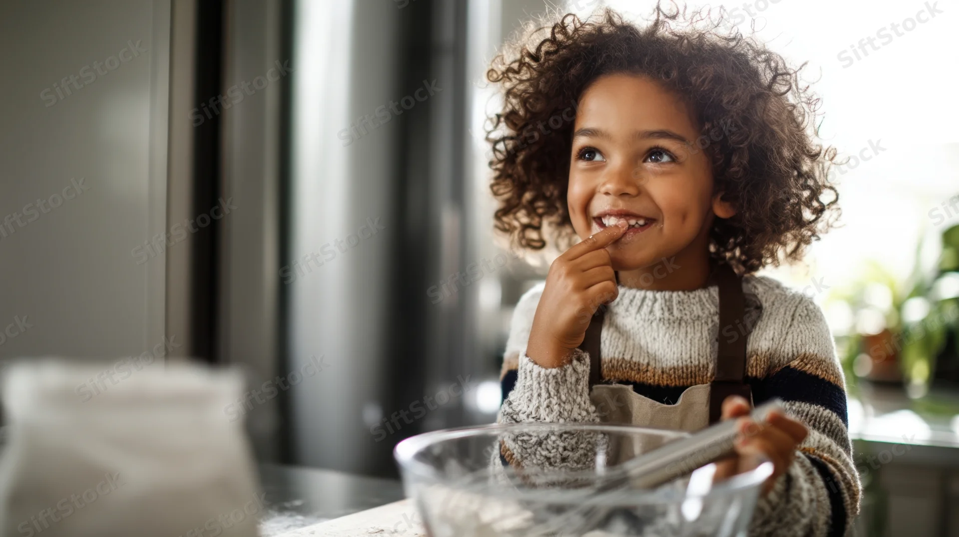 Young girl smiling while baking in a kitchen, wearing an apron and sweater, holding a spoon near a bowl of flour