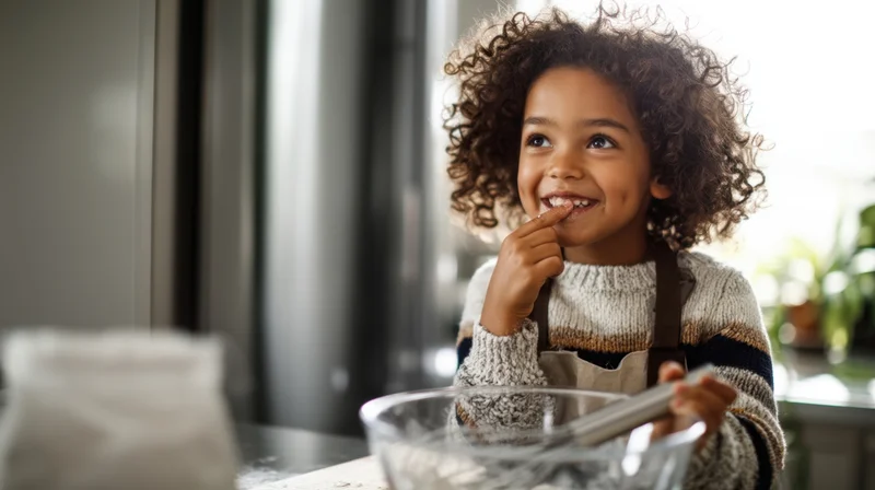 Young girl smiling while baking in a kitchen, wearing an apron and sweater, holding a spoon near a bowl of flour