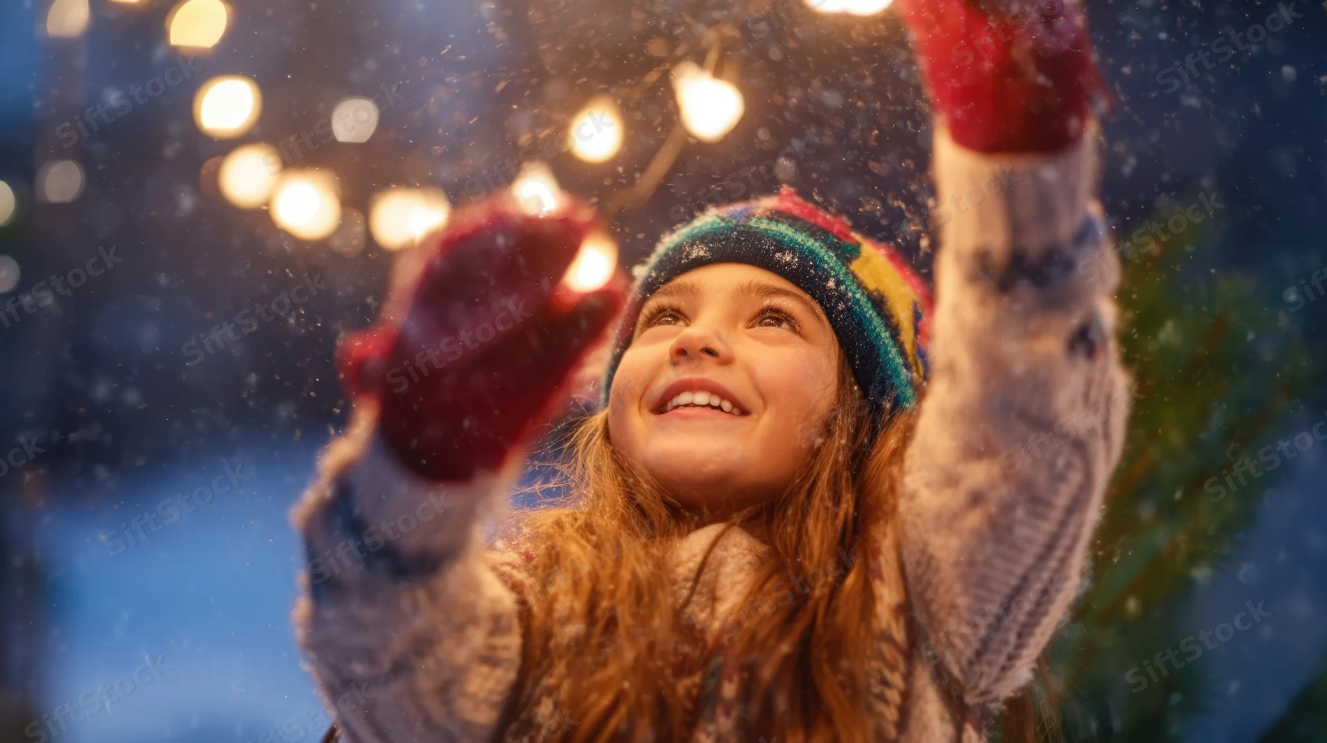 Young girl smiling with arms raised in falling snow near festive lights outdoors