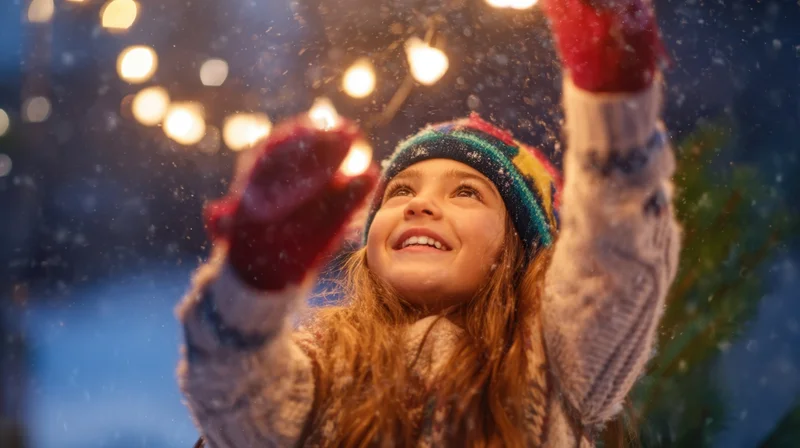 Young girl smiling with arms raised in falling snow near festive lights outdoors