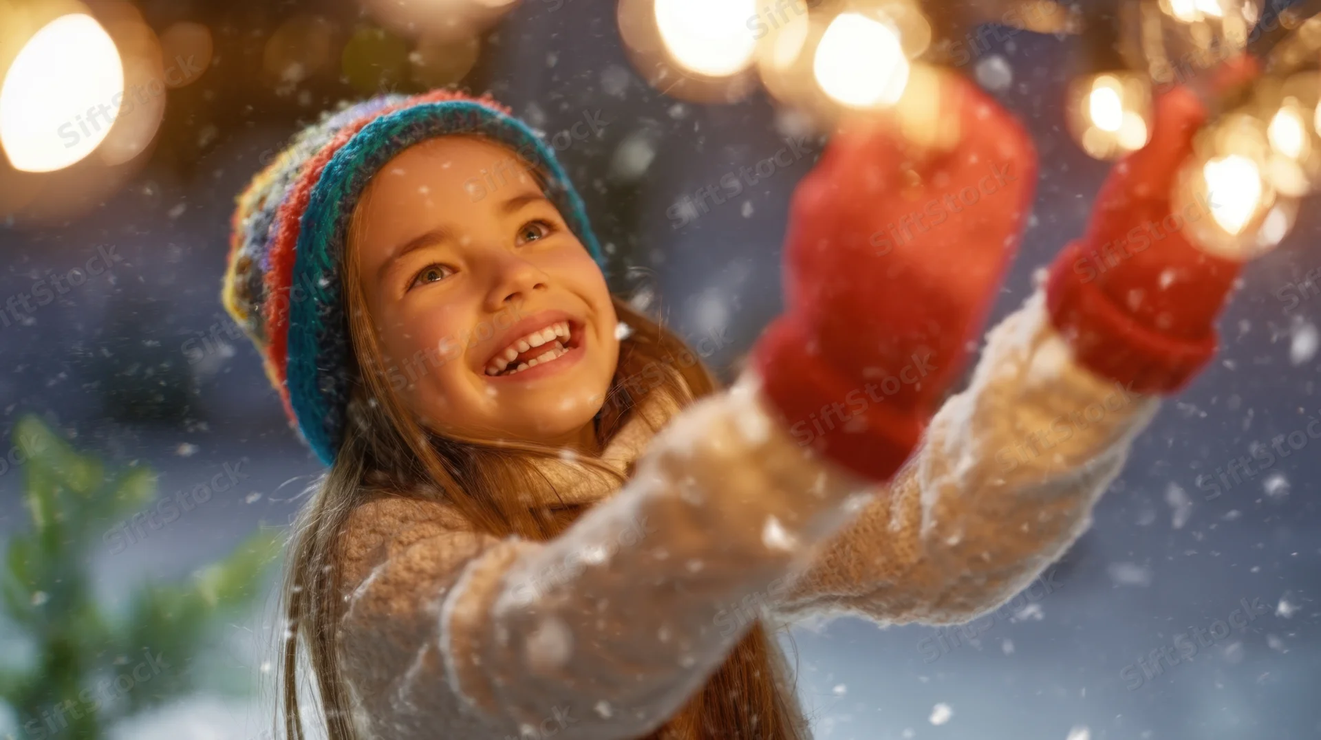 Young girl smiling and reaching toward glowing christmas lights in falling snow