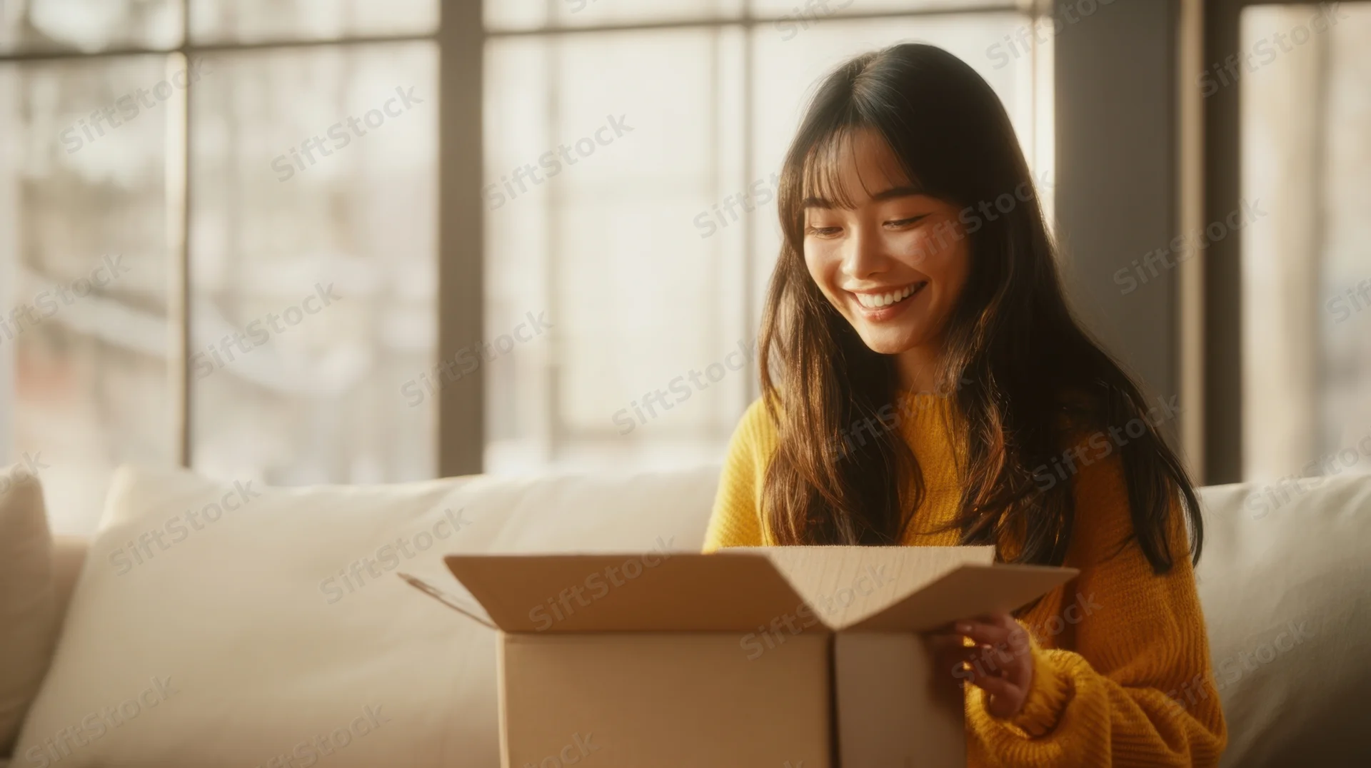Young asian woman smiling while opening a cardboard box on a couch in a sunlit living room