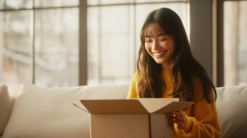 Young asian woman smiling while opening a cardboard box on a couch in a sunlit living room