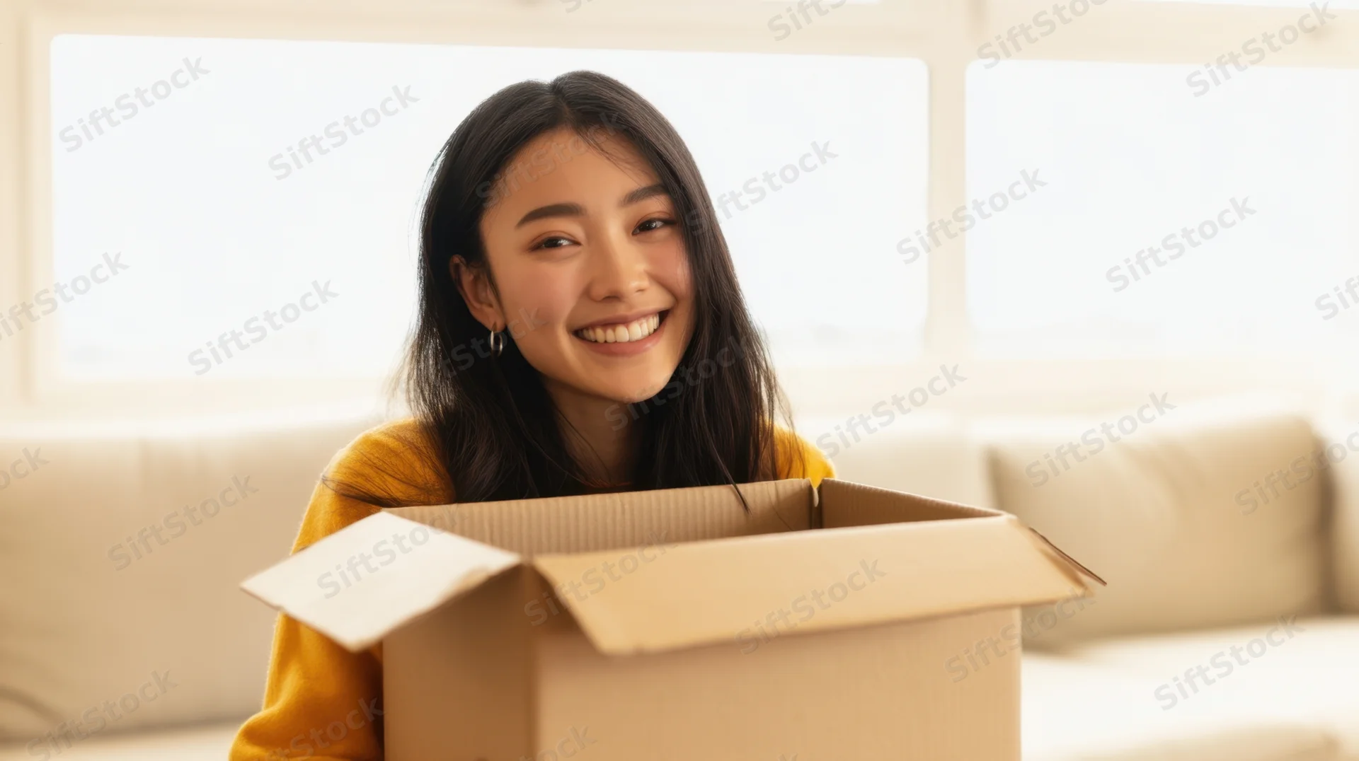 Young asian woman smiling while holding open cardboard box in living room