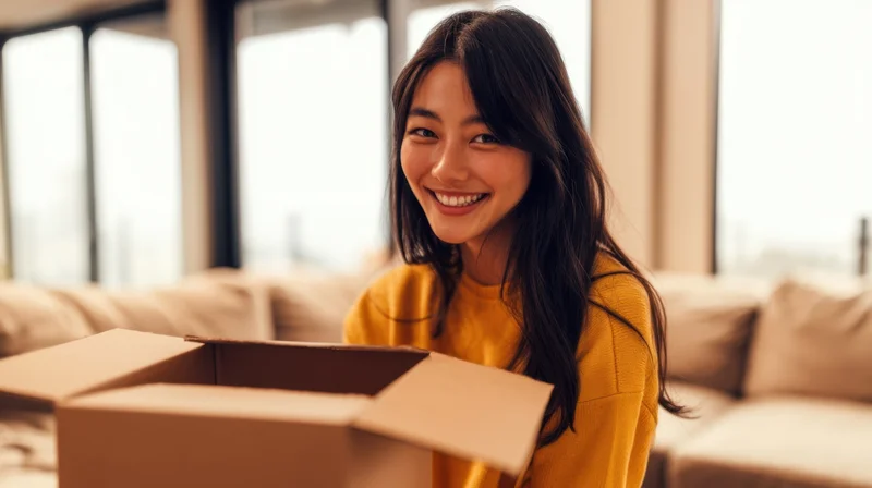 Young asian woman smiling while unpacking a cardboard box in a modern living room