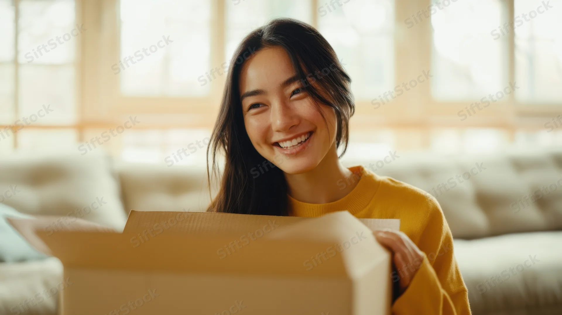 Young asian woman smiling while opening a cardboard box in her living room