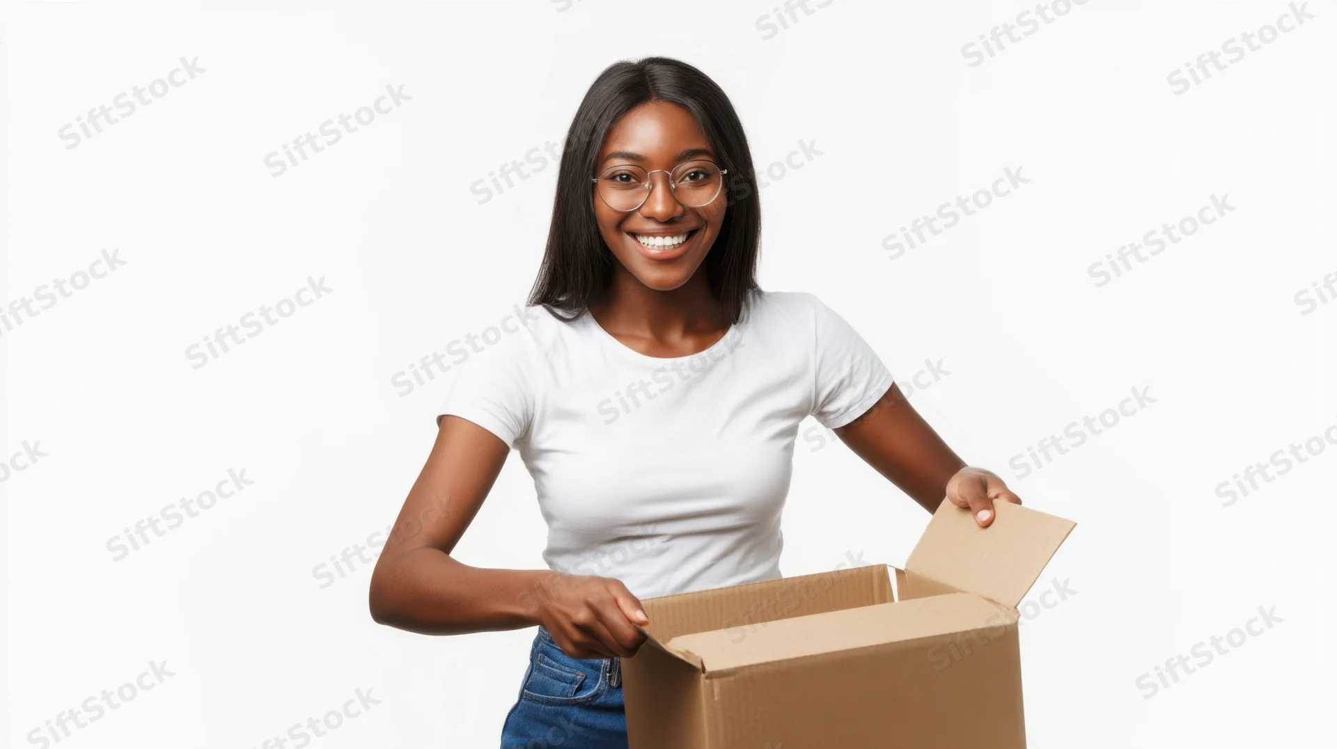 Young woman smiling while opening a cardboard box against white background