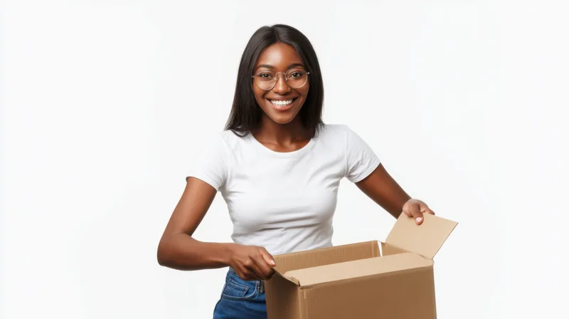 Young woman smiling while opening a cardboard box against white background